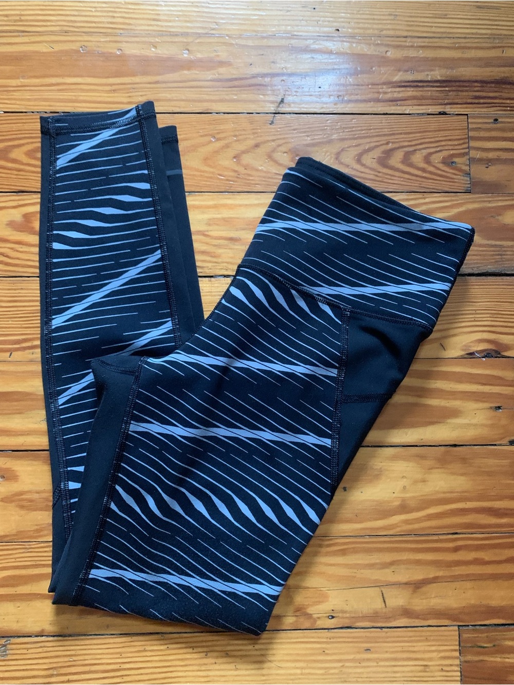 Athleta Black & Gray Diagonal Striped High-Rise Leggings